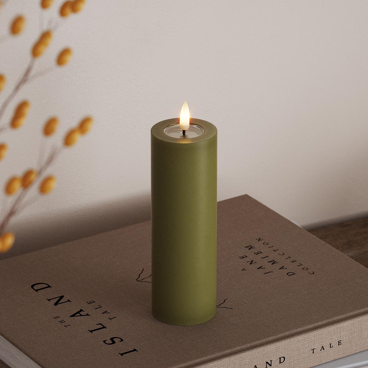 Deluxe Homeart LED Bloklys Ø 5 x 15 cm Olivengrøn LED bloklys 3
