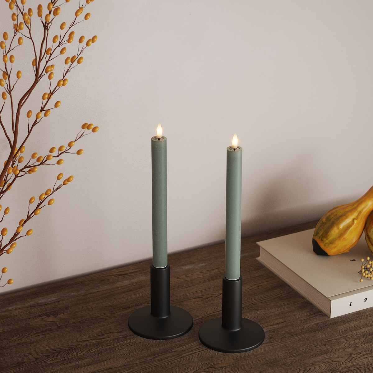 Deluxe Homeart LED Vela para candelabro 2 piezas, Ø 2 x 24 cm Verde salvia LED Vela para candelabro 3