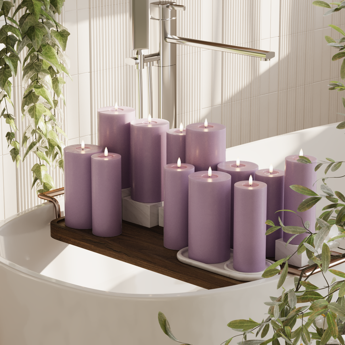 Deluxe Homeart LED bloklys pakke - Lyslilla - 6x 7,5 x 20 | 6x 10 x 20 cm pakke 2